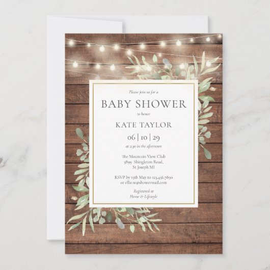 Rustic Wood String Lights Greenery Baby shower Kaart (Voorkant)