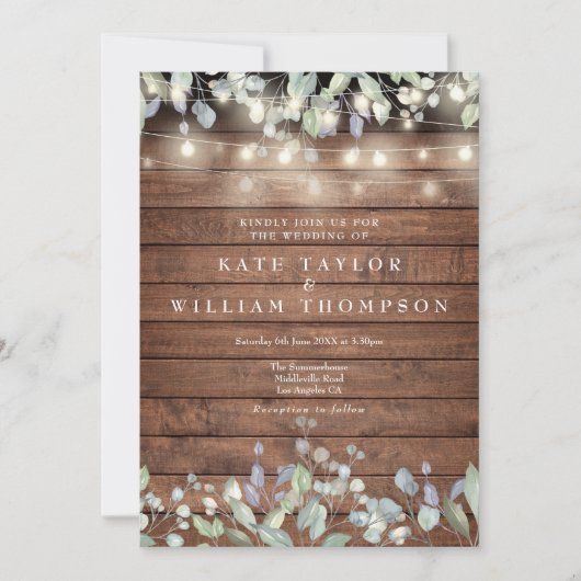 Rustic Wood String Lights Greenery Floral Wedding Kaart (Voorkant)