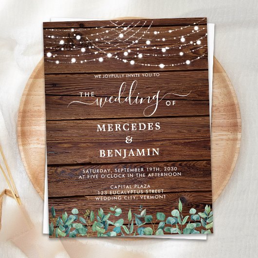 Rustic Wood String Lights Greenery QR Code Weddens Uitnodiging Briefkaart