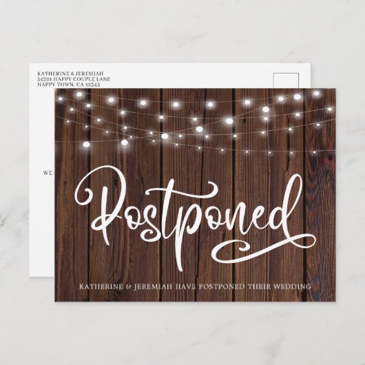 Rustic Wood String Lights Huwelijk Uitstel Briefkaart (Voorkant / Achterkant)