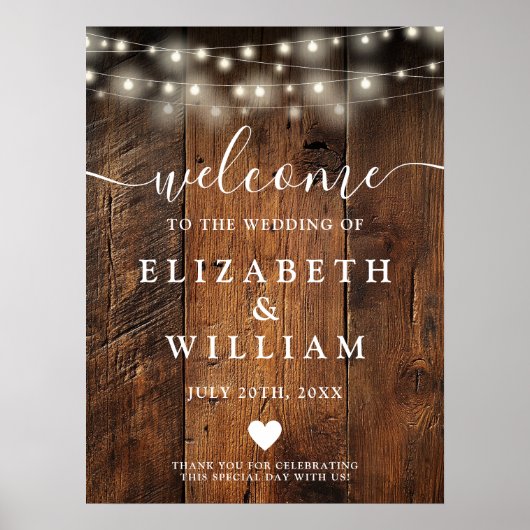 Rustic Wood String Lights Huwelijk Welkom Teken Poster (Voorkant)