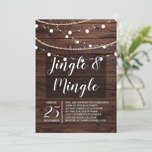 Rustic Wood String Lights Jingle Mingle Kaart (Staand voorkant)
