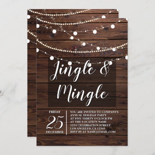 Rustic Wood String Lights Jingle Mingle Kaart (Voorkant / Achterkant)