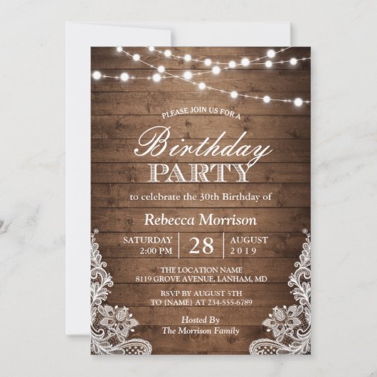 Rustic Wood String Lights Lace Birthday Party Kaart (Voorkant)