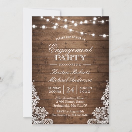 Rustic Wood String Lights Lace Engagement Party Kaart (Voorkant)