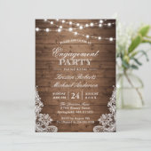 Rustic Wood String Lights Lace Engagement Party Kaart (Staand voorkant)