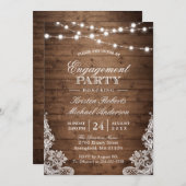 Rustic Wood String Lights Lace Engagement Party Kaart (Voorkant / Achterkant)