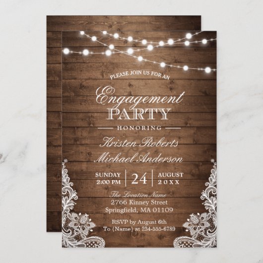 Rustic Wood String Lights Lace Engagement Party Kaart (Voorkant / Achterkant)