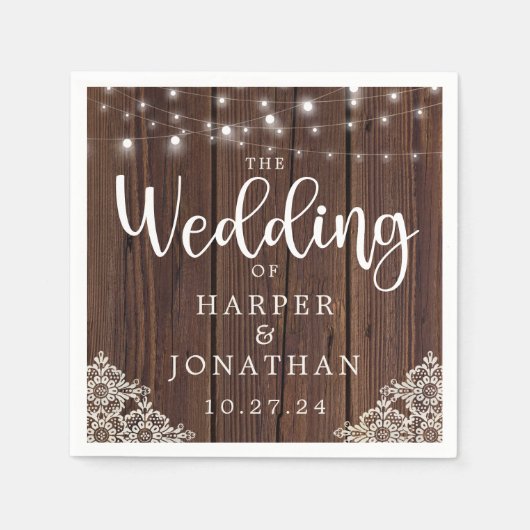 Rustic Wood String Lights Lace Farmhouse Wedding Servet (Voorkant)