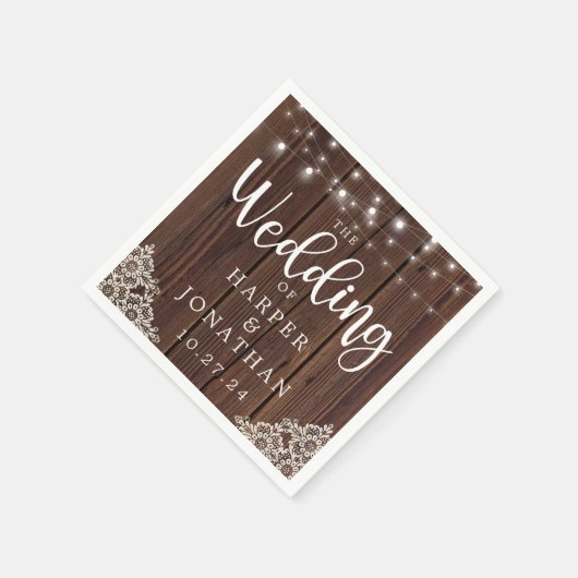 Rustic Wood String Lights Lace Farmhouse Wedding Servet (Hoek)