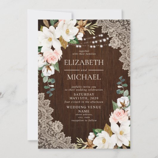 Rustic Wood String Lights Lace Floral Boerderij We Kaart (Voorkant)