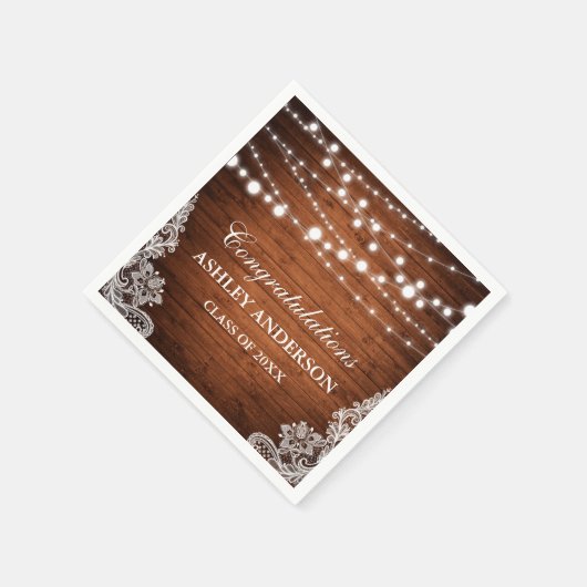 Rustic Wood String Lights Lace Graduparty Servetten (Hoek)