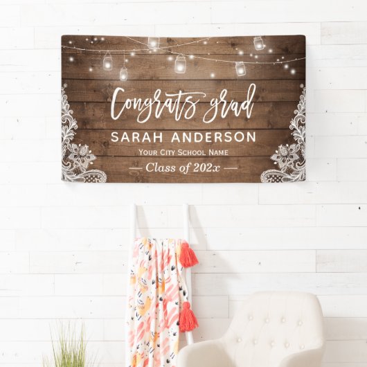 Rustic Wood String Lights Lace Graduparty Spandoek (Insitu)