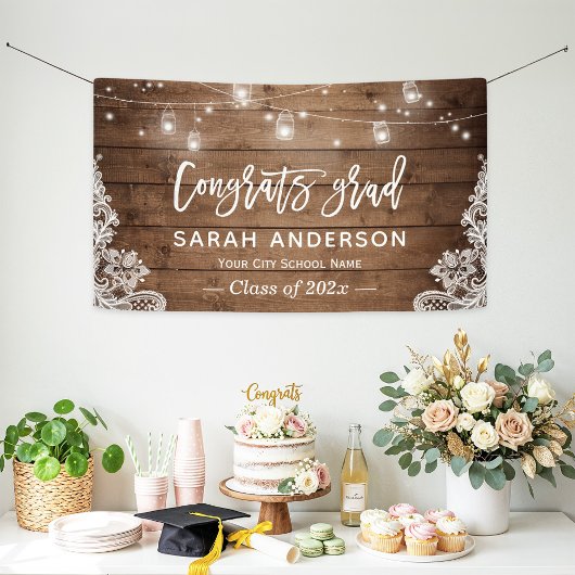 Rustic Wood String Lights Lace Graduparty Spandoek