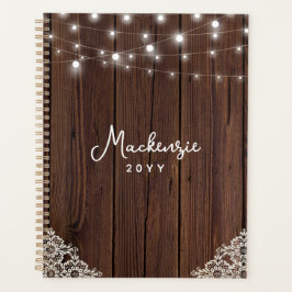 Rustic Wood String Lights Lace Personalized Planner