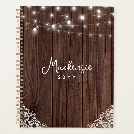 Rustic Wood String Lights Lace Personalized Planner (Voorkant)