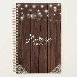 Rustic Wood String Lights Lace Personalized Planner