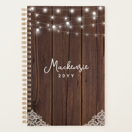 Rustic Wood String Lights Lace Personalized Planner (Voorkant)