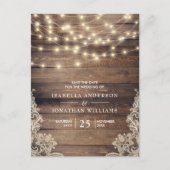 Rustic Wood & String Lights | Lace Save the Date Aankondigingskaart (Voorkant)