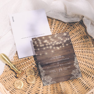 Rustic Wood & String Lights Lace Save the Date Aankondigingskaart