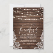 Rustic Wood String Lights & Lace Script Wedding Kaart (Voorkant)