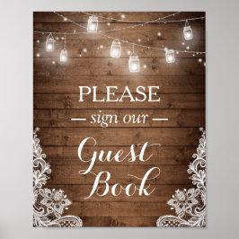 Rustic Wood String Lights Lace Sign Guestbook Poster