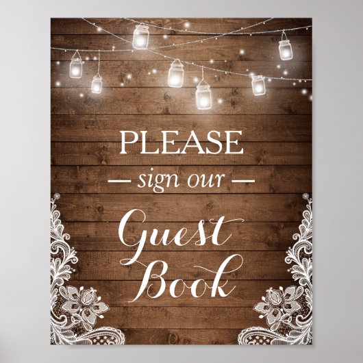 Rustic Wood String Lights Lace Sign Guestbook Poster (Voorkant)