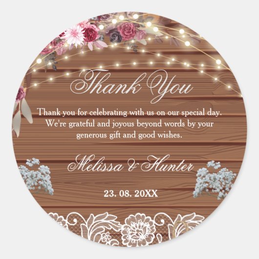 Rustic Wood String Lights Lace Wedding Dank u Ronde Sticker (Voorkant)