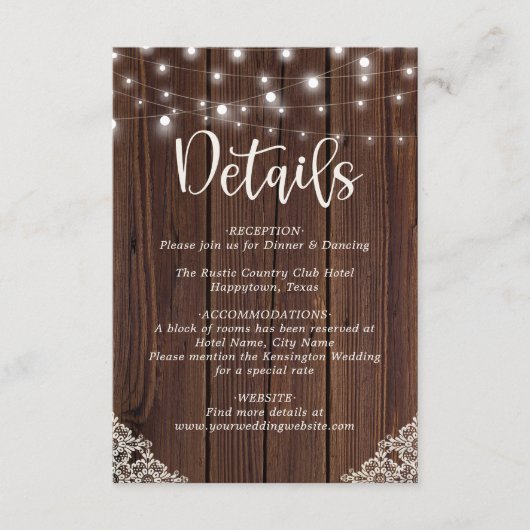 Rustic Wood String Lights Lace Wedding Details Informatiekaartje (Voorkant)