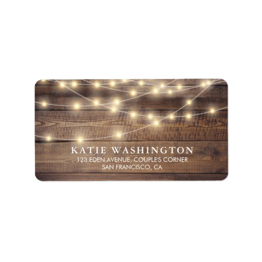 Rustic Wood & String Lights | Lace Wedding Etiket (Voorkant)