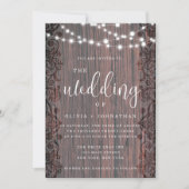 Rustic Wood String Lights Lace Wedding Invitation Kaart (Voorkant)