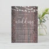 Rustic Wood String Lights Lace Wedding Invitation Kaart (Staand voorkant)