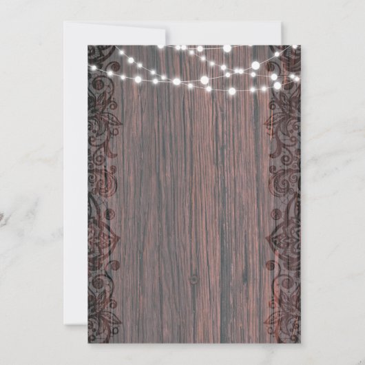 Rustic Wood String Lights Lace Wedding Invitation Kaart (Achterkant)