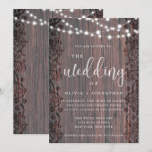 Rustic Wood String Lights Lace Wedding Invitation Kaart (Voorkant / Achterkant)