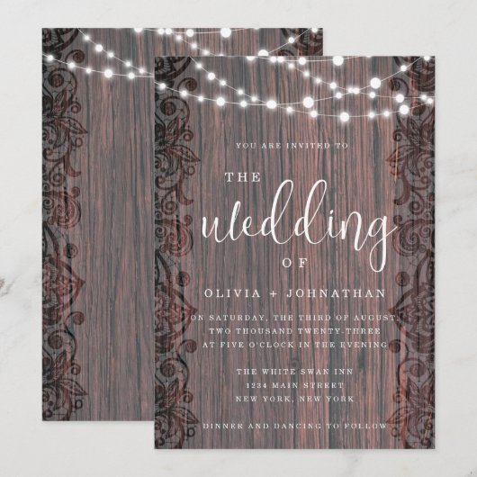 Rustic Wood String Lights Lace Wedding Invitation Kaart (Voorkant / Achterkant)