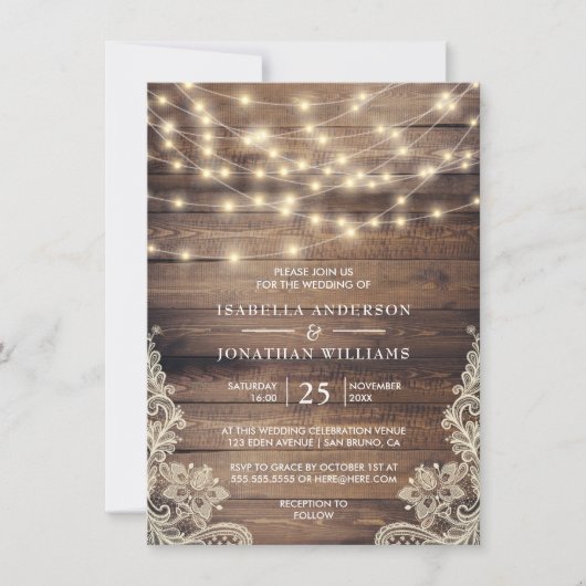 Rustic Wood & String Lights |  Lace Wedding Kaart (Voorkant)