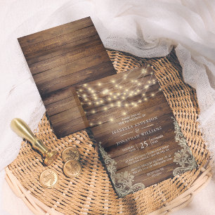 Rustic Wood & String Lights Lace Wedding Kaart