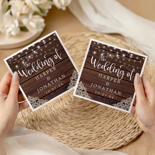 Rustic Wood String Lights Lace Wedding Napkins Servet