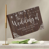 Rustic Wood String Lights Lace Wedding Photo Gastenboek