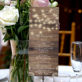 Rustic Wood & String Lights | Lace Wedding Program Programmakaart