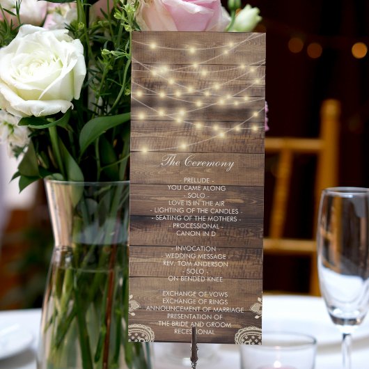 Rustic Wood & String Lights | Lace Wedding Program Programmakaart