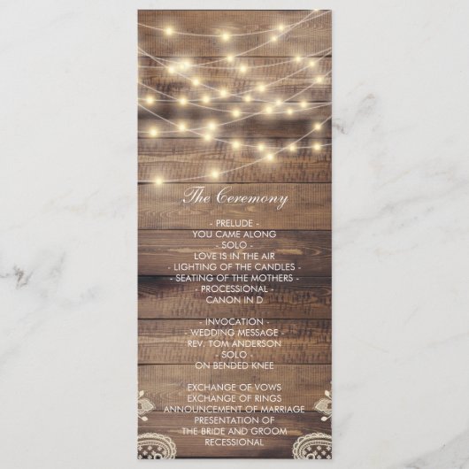 Rustic Wood & String Lights | Lace Wedding Program Programmakaart (Voorkant)