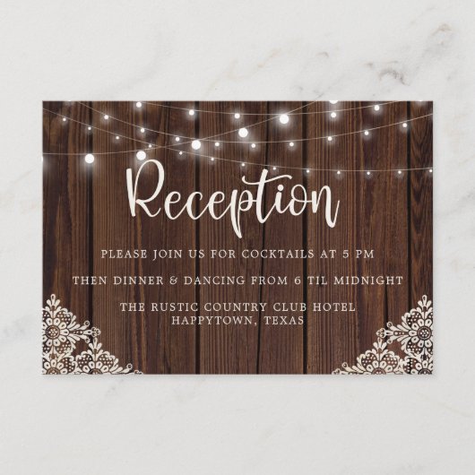 Rustic Wood String Lights Lace Wedding Reception Informatiekaartje (Voorkant)