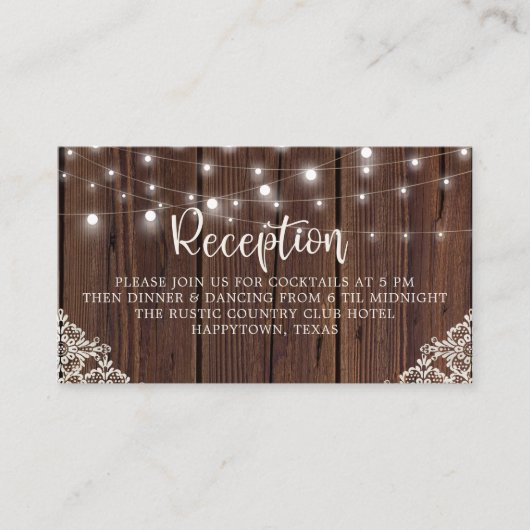 Rustic Wood String Lights Lace Wedding Reception Informatiekaartje (Voorkant)