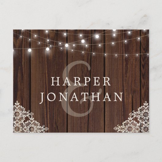 Rustic Wood String Lights Lace Wedding RSVP Briefkaart (Voorkant)