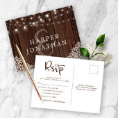 Rustic Wood String Lights Lace Wedding RSVP Briefkaart