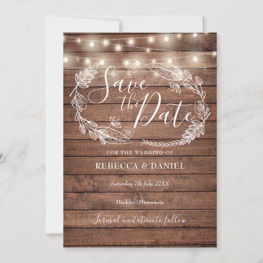 Rustic Wood String Lights Land Floral Save The Date (Voorkant)