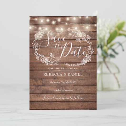 Rustic Wood String Lights Land Floral Save The Date (Staand voorkant)