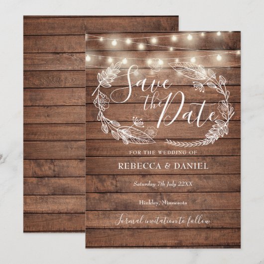 Rustic Wood String Lights Land Floral Save The Date (Voorkant / Achterkant)