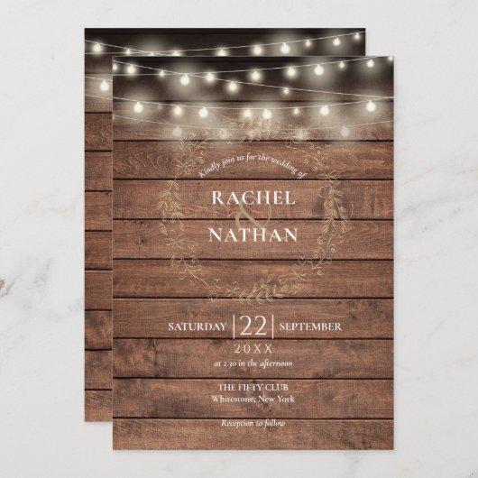 Rustic Wood String Lights Laurel Garland Wedding Kaart (Voorkant / Achterkant)